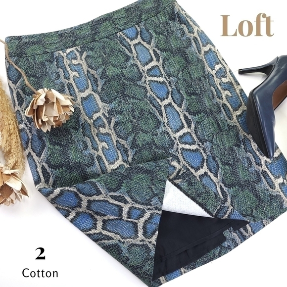 J. Crew Dresses & Skirts - Loft Blue Green Snakeskin Print Cotton Skirt Sz 2